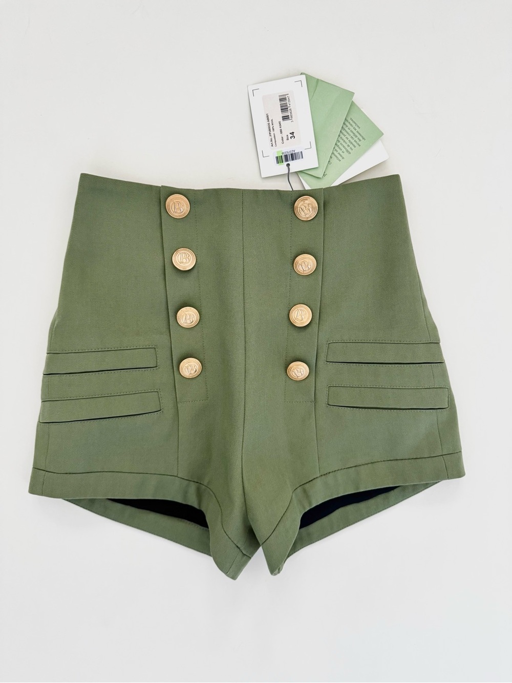NWT Pierre Balmain Olive Green High-Waist Military Style Button Shorts - Size 34 - Picture 4 of 12